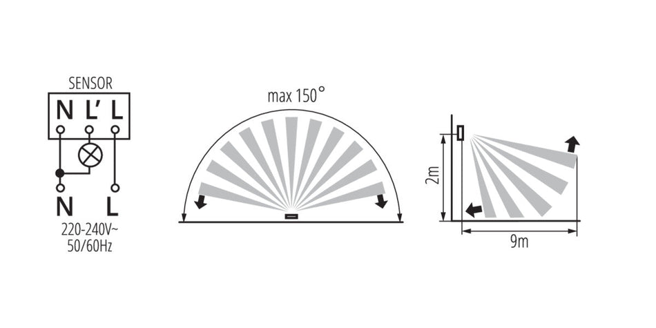 LED Bewegungsmelder mit PIR Sensor, max 9m, weiß, 1200VA / IP20 / 230V