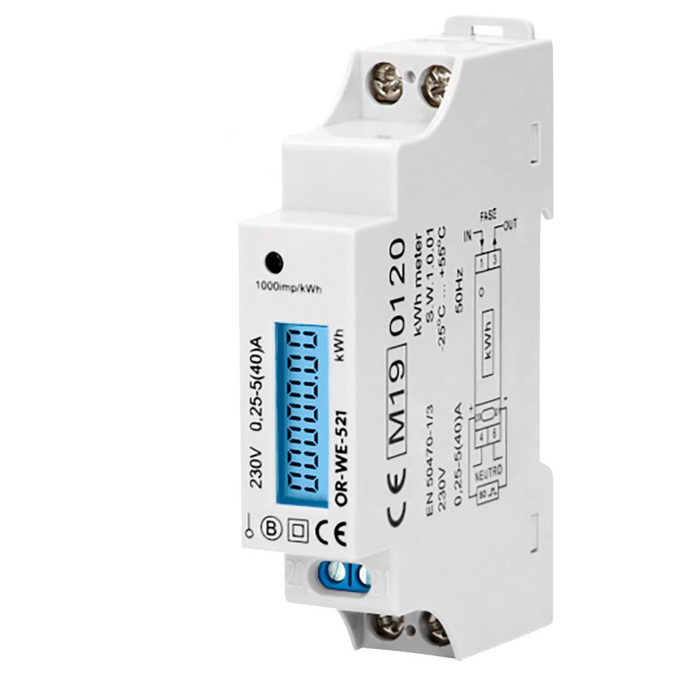 1-Phasen-Stromzähler, 40A, MID, Impulsausgang, Hintergrundbeleuchtung, 1 Modul, DIN TH-35mm