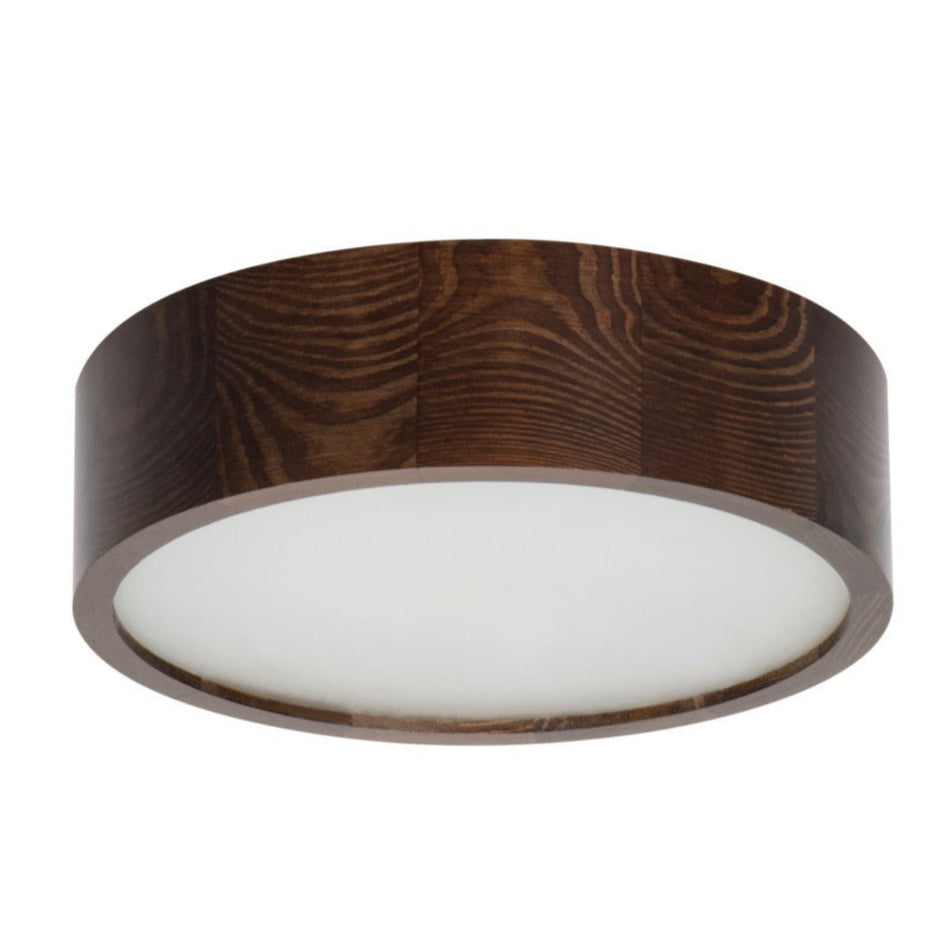 Plafonnier en bois et verre rond 27,5cm chêne blanc ou wengé E27 IP20 230V