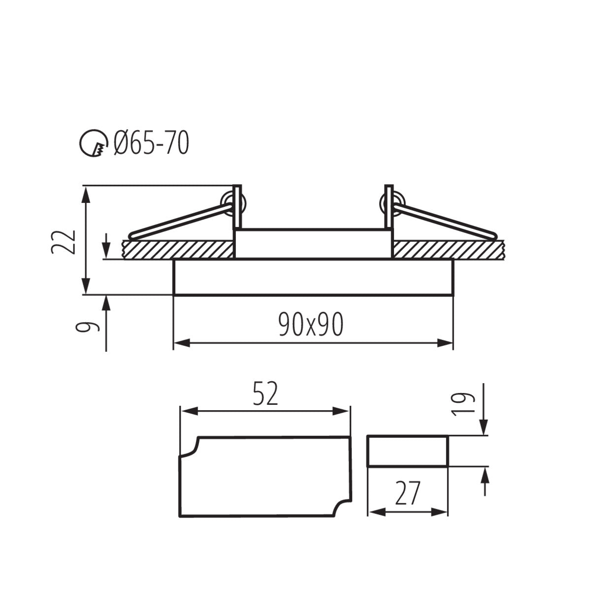 Recessed spotlight made of glass, square with edge lighting 90mm x 90mm IP20 3.6W GU10 230V