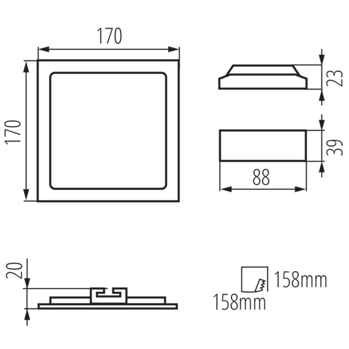 LED recessed ceiling light made of aluminum square 170mm x 170mm IP44/20 12W 230V