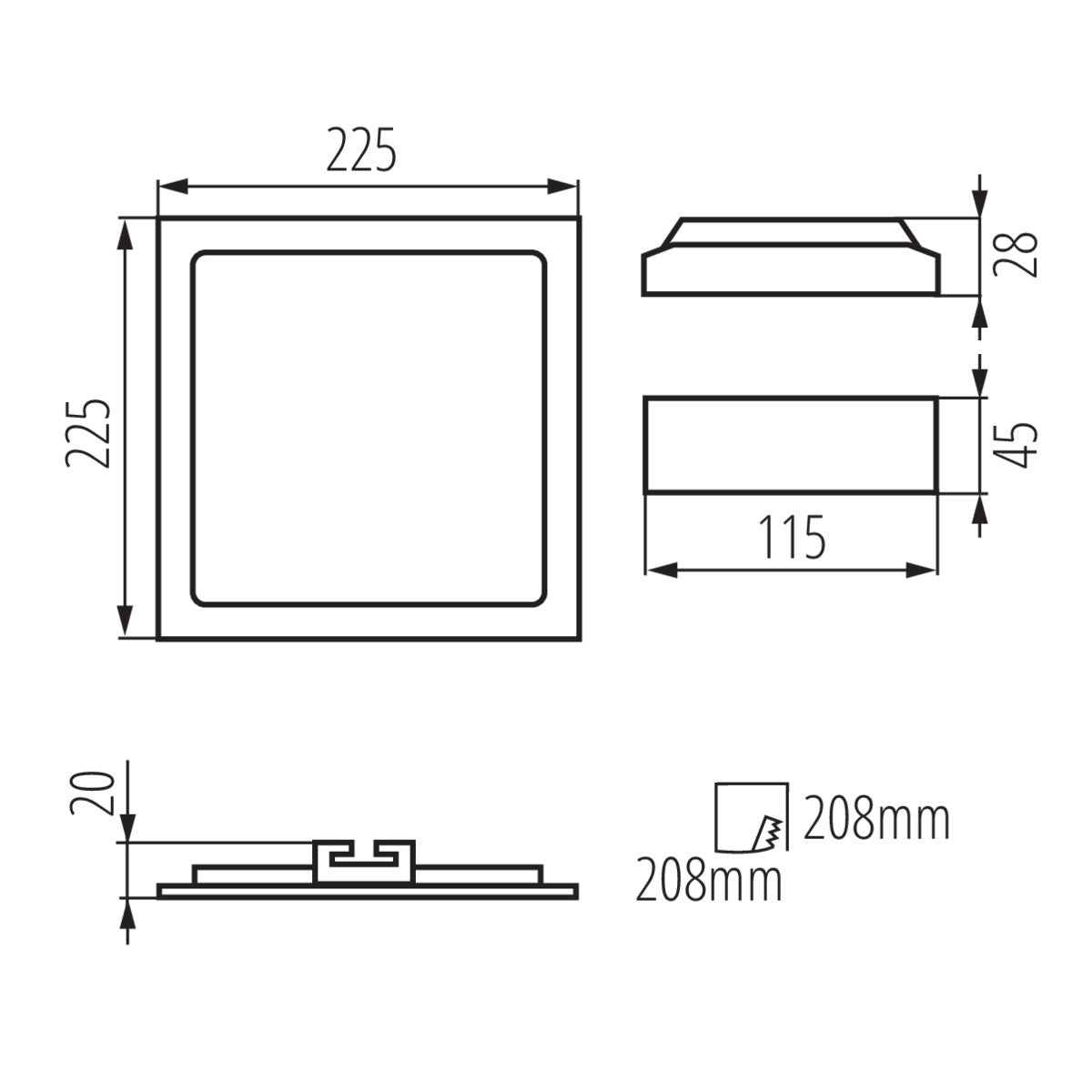 LED Deckeneinbauleuchte aus Aluminium Eckig 225mm x 225mm IP44/20 18W 230V