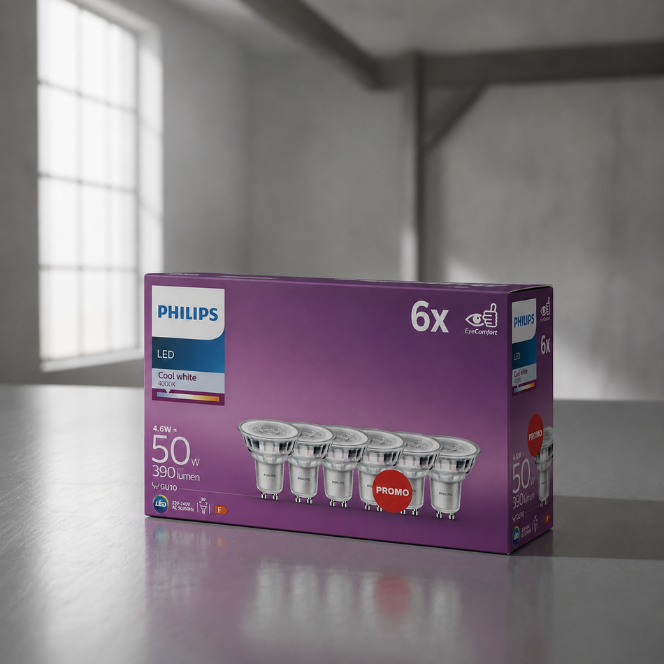 Lot de 6 ampoules LED Philips 4,6W 4000k blanc neutre 36° GU10