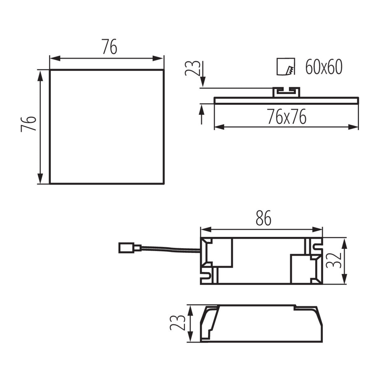 Recessed aluminum spotlight square 76mm x76mm IP65/20 6W 230V 