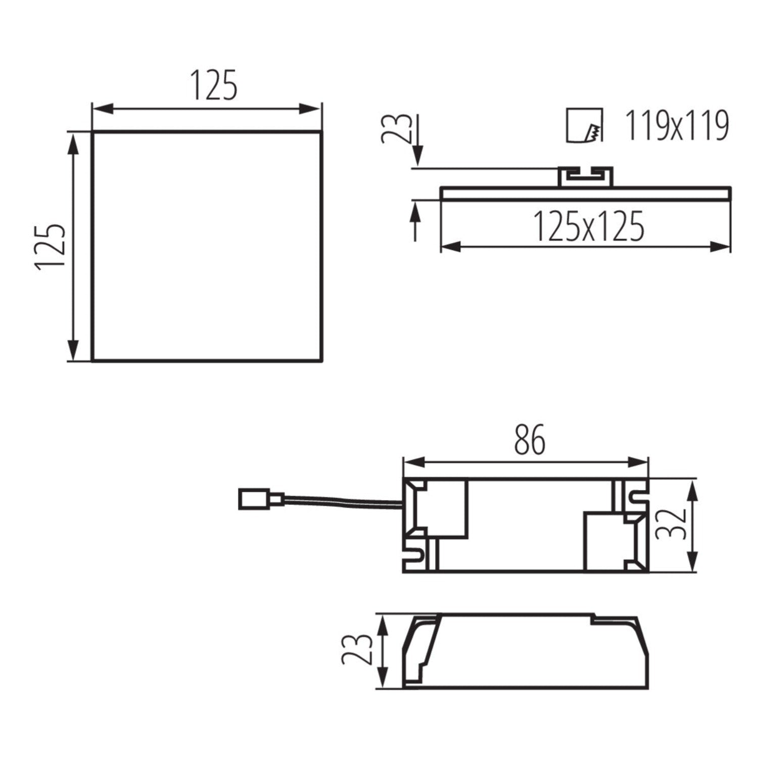 Einbaustrahler aus Aluminium Eckig 125mm x125mm IP65/20 10W 230V