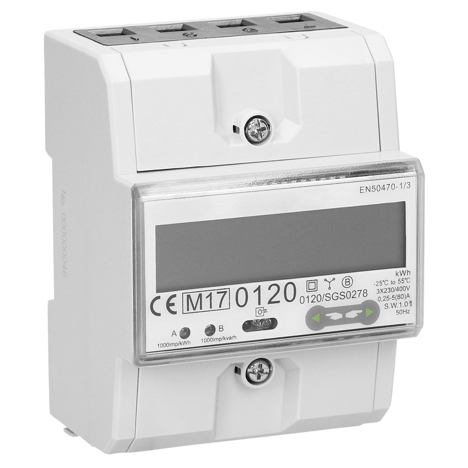 3-Phasen-Stromzähler, 80A, RS-485- Anschluss, Mehrtarif, 4,5 Module, DIN TH- 35mm