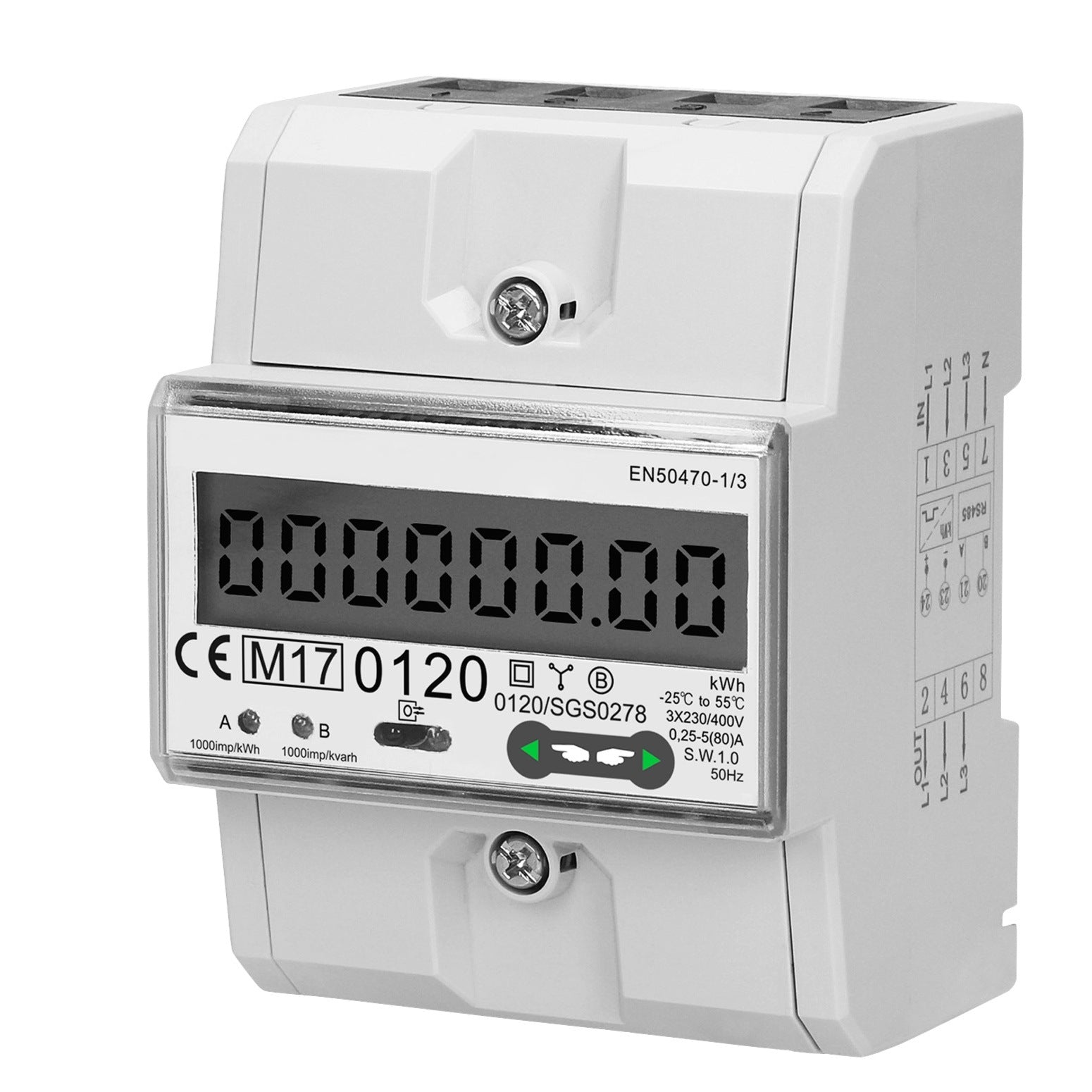 3-Phasen-Stromzähler, 80A, RS-485- Anschluss, MID, 4,5 Module, DIN TH- 35mm