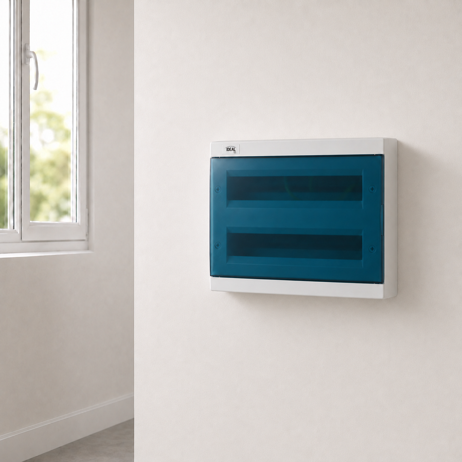 Distribution box 2 rows, white / blue, 410x109x294, 2x 18P / IP30 / 230-400V 