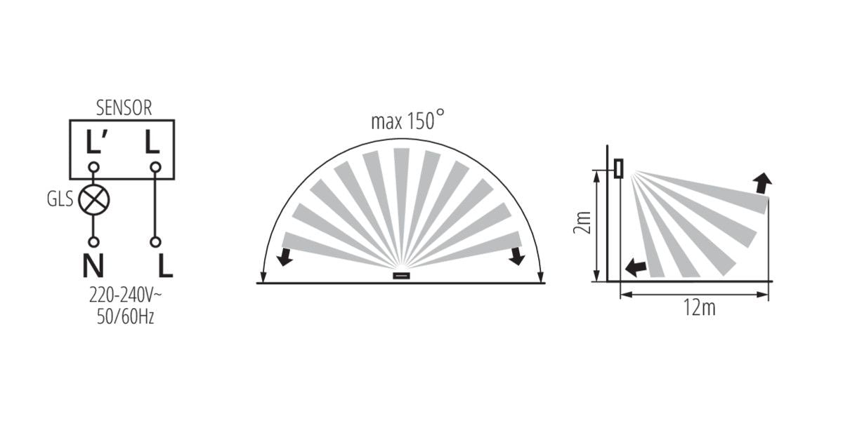 Détecteur de mouvement LED avec capteur PIR, max 12m, blanc, 40 - 500VA / IP20 / 230V