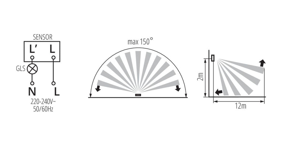 LED Bewegungsmelder mit PIR Sensor, max 12m, weiß, 40 - 500VA / IP20 / 230V