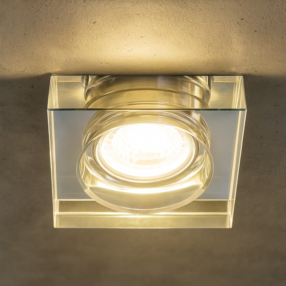 Einbaustrahler Cristal aus Glas Eckig Ø90mm IP20 GU5,3 12V inkl. GU10 Fassung 230V | extra-flach | dimmbar