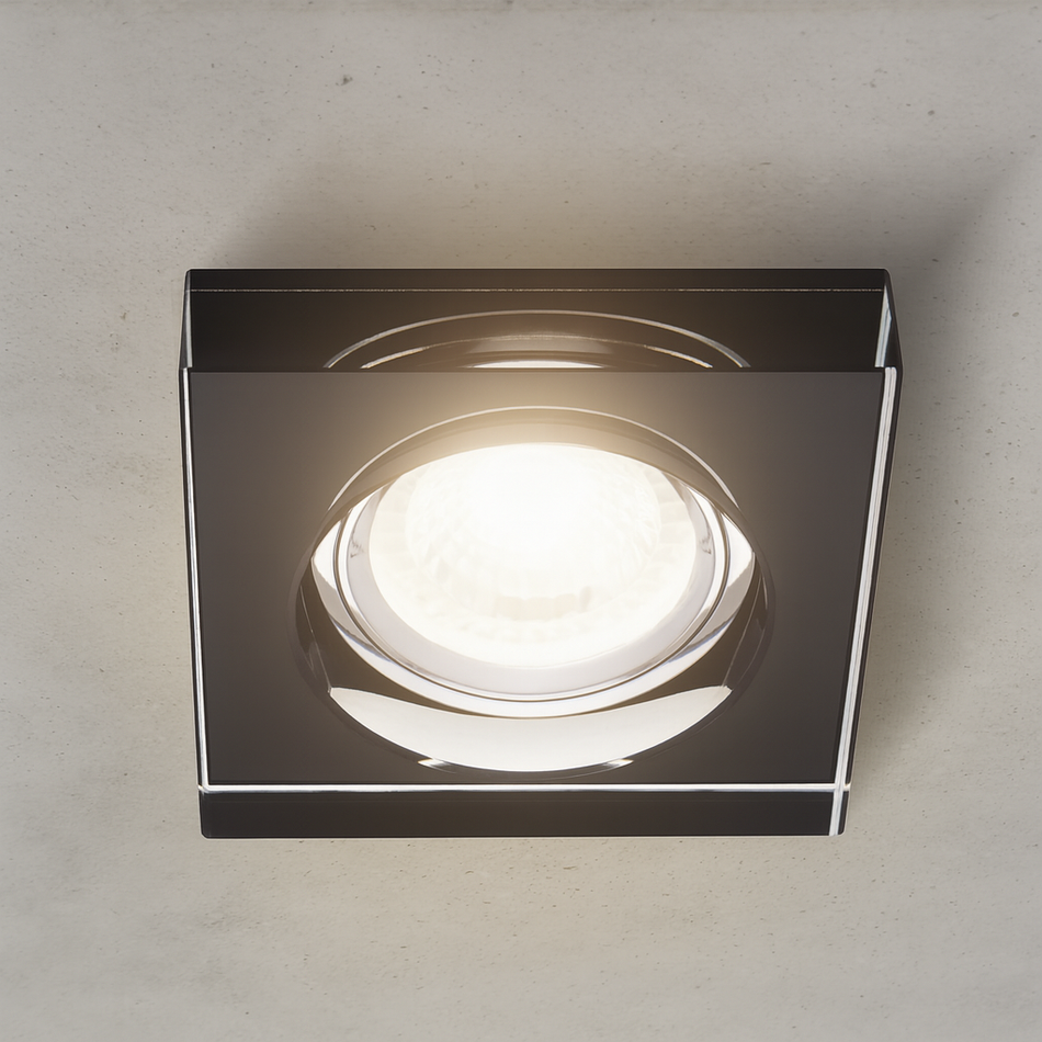 Einbaustrahler Cristal aus Glas Eckig Ø90mm IP20 GU5,3 12V inkl. GU10 Fassung 230V | extra-flach | dimmbar