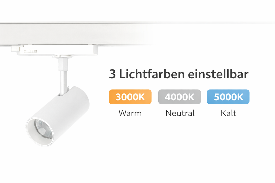 LED 3-Phasen Schienenstrahler Weiß 16/18/20W einstellbar, CCT 3000K-4000K-5000K , CRI ≥ 90