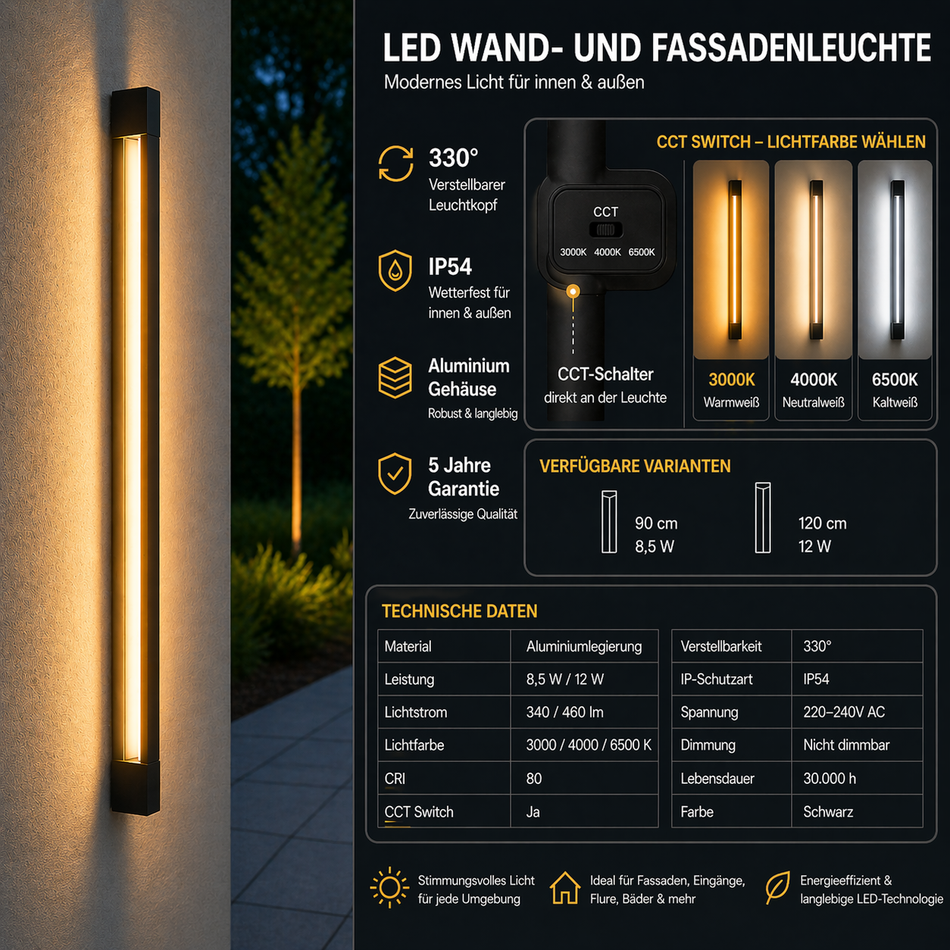 Elegante Außen- und Innen-Wandleuchte, 330° verstellbar, wetterfest, CCT 3000K / 4000K / 6500K - 90cm oder 120cm