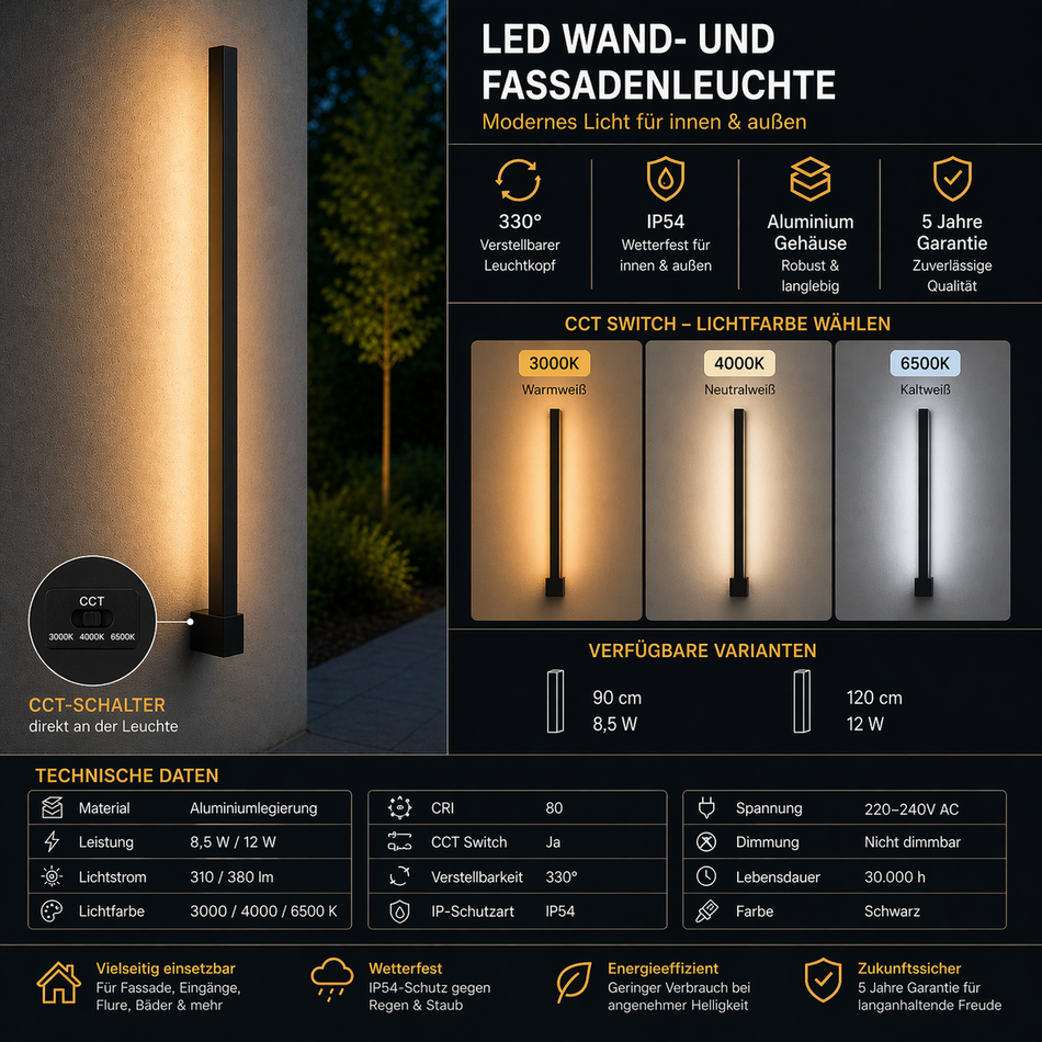 Moderne LED Wand- und Fassadenleuchte für innen & außen, IP54, CCT 3000/4000/6500K, schwenkbar - 60cm oder 80cm