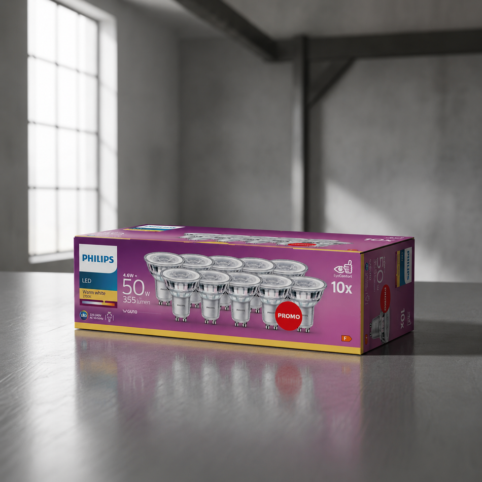 Lot de 10 ampoules LED Philips 4,6W 2700k blanc chaud 36° GU10