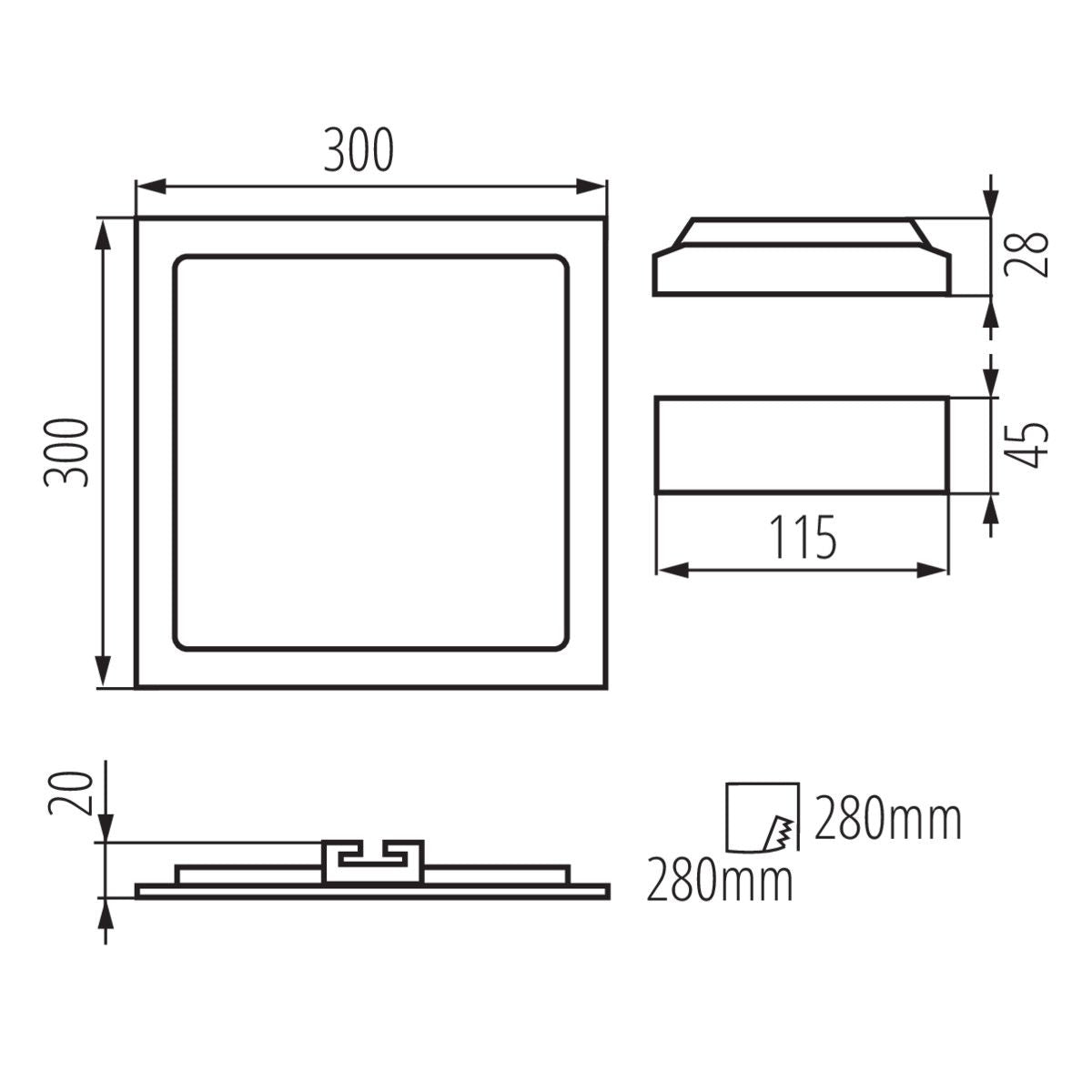 LED recessed ceiling light made of aluminum square 300mm x 300mm IP44 24W 230V 