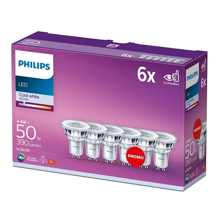 Lot de 6 ampoules LED Philips 4,6W 4000k blanc neutre 36° GU10