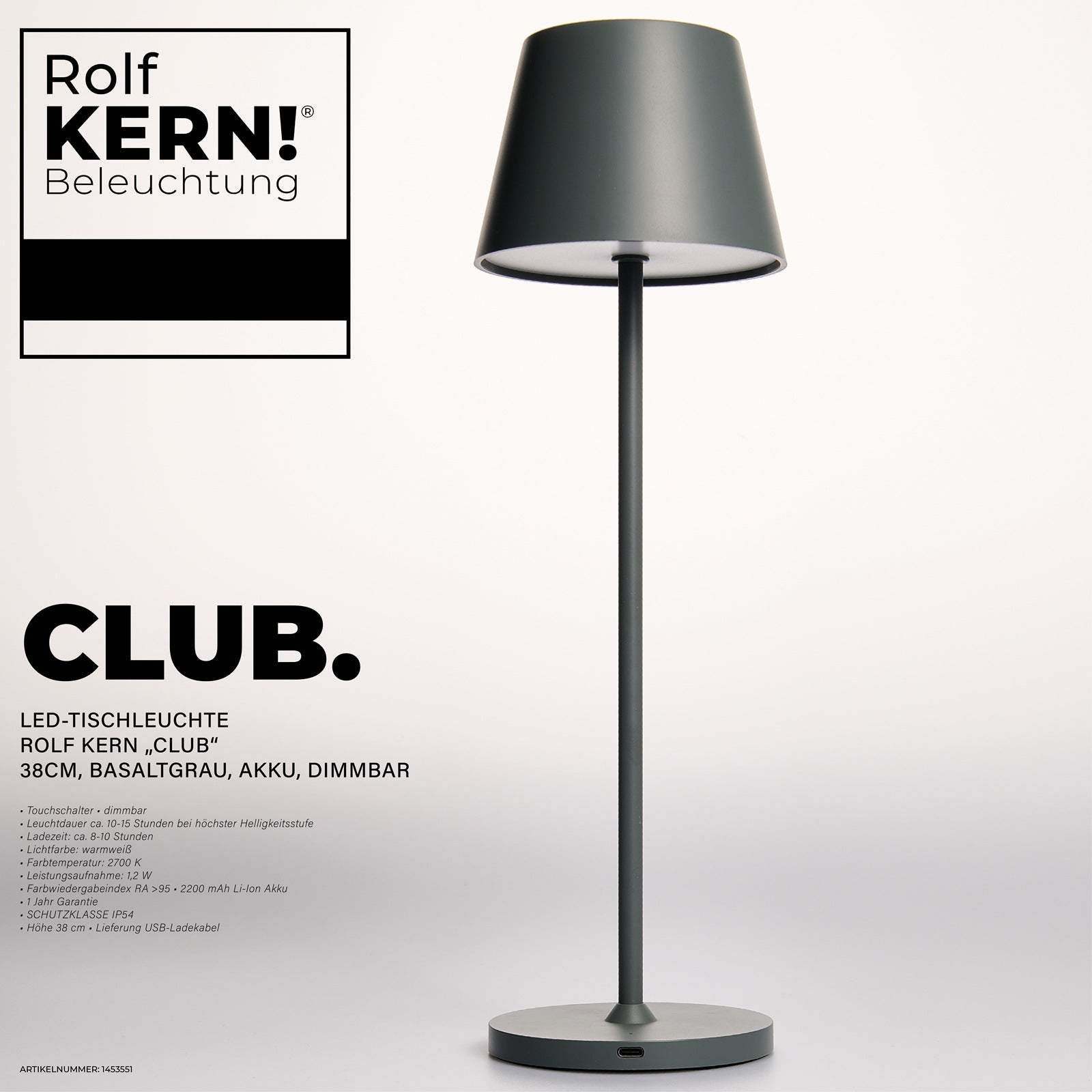 LED Tischleuchte für Außen und Innen ROLF KERN „CLUB“ 38CM, Basaltgrau , Akku , Dimmbar IP54