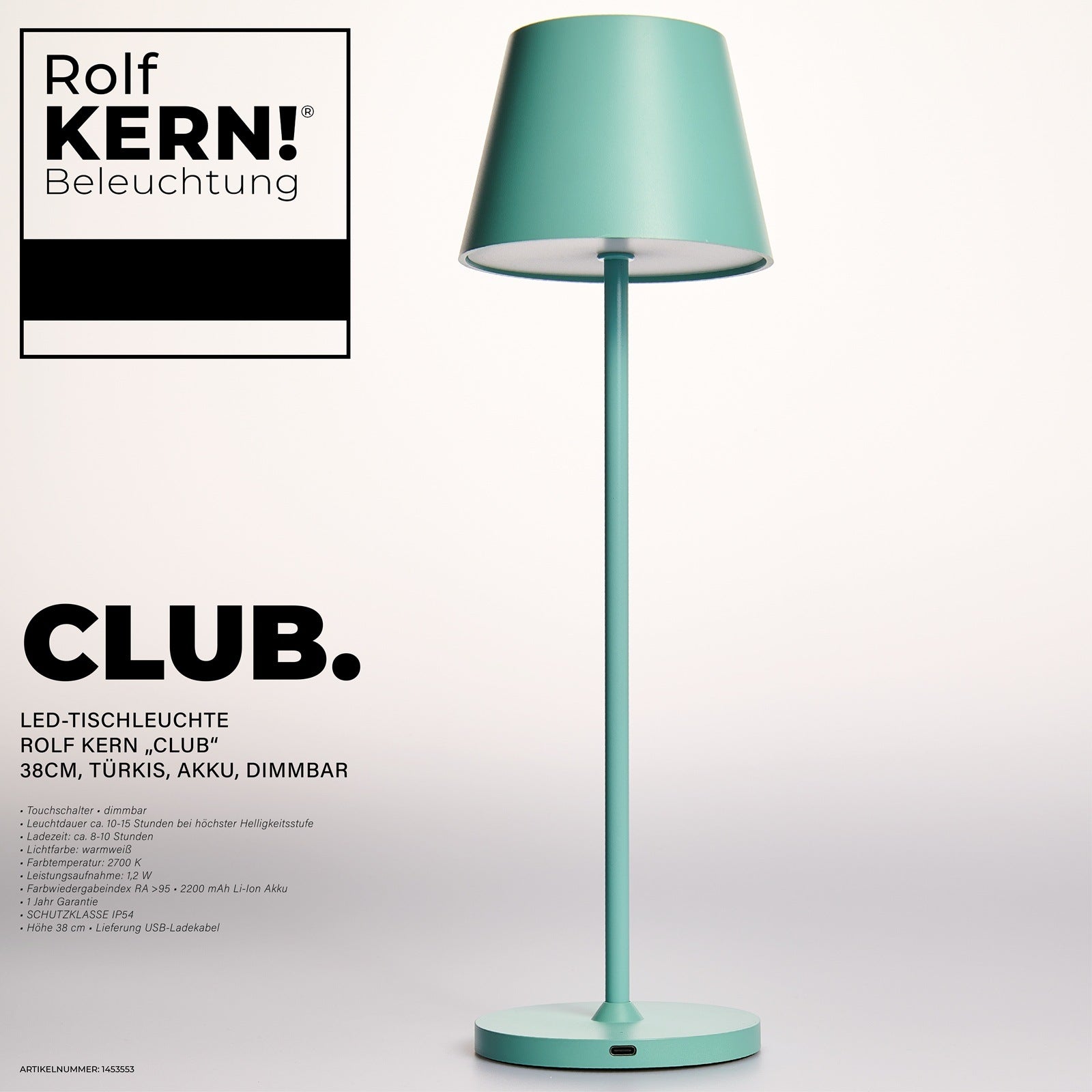 LED Tischleuchte für Außen und Innen ROLF KERN „CLUB“ 38CM, Türkis, Akku, Dimmbar IP54