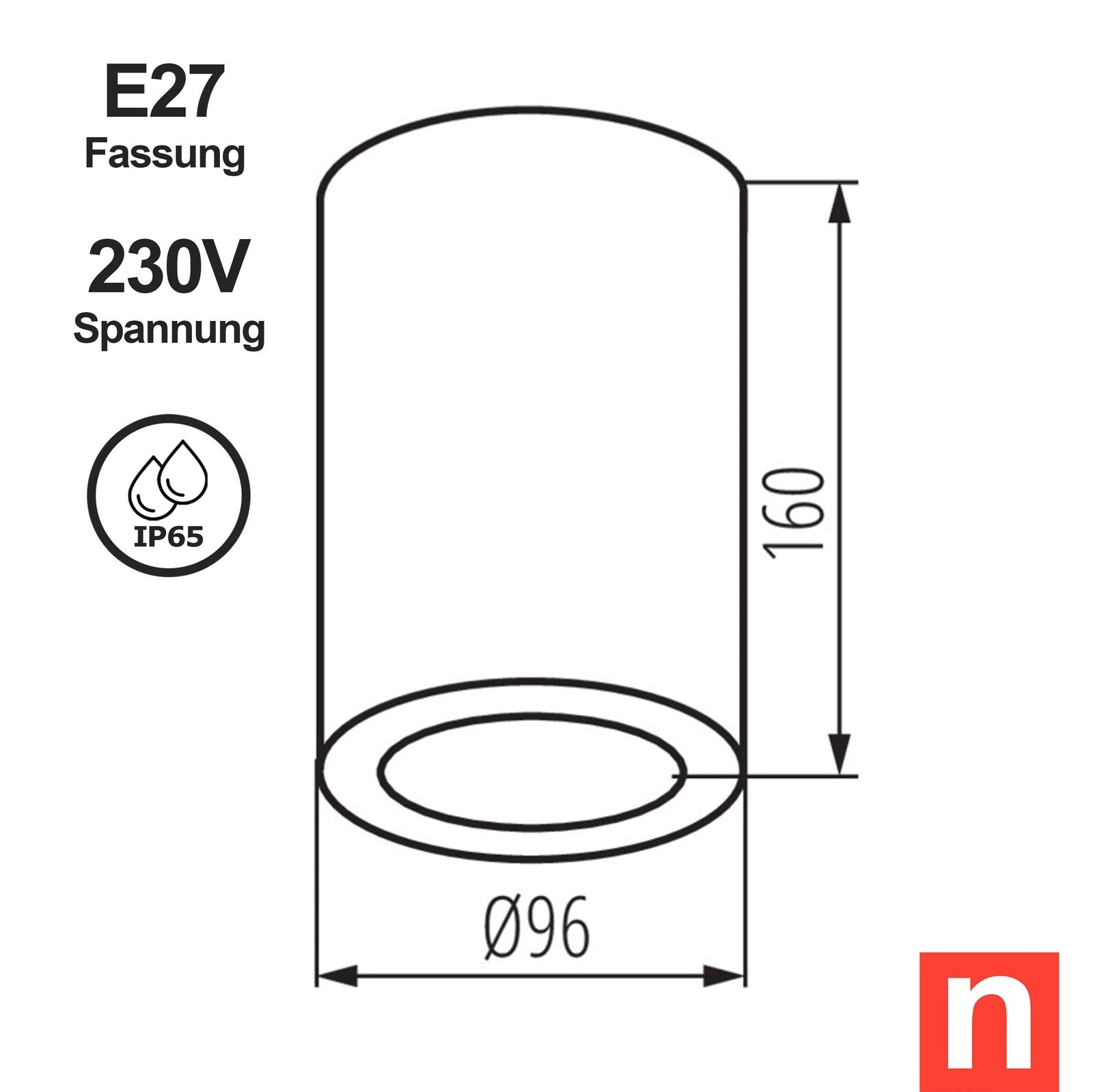 Aufbaustrahler AQILO E27 IP65 DSO für Außen & Innen aus Aluminium und Glas Rund IP65 E27 230V