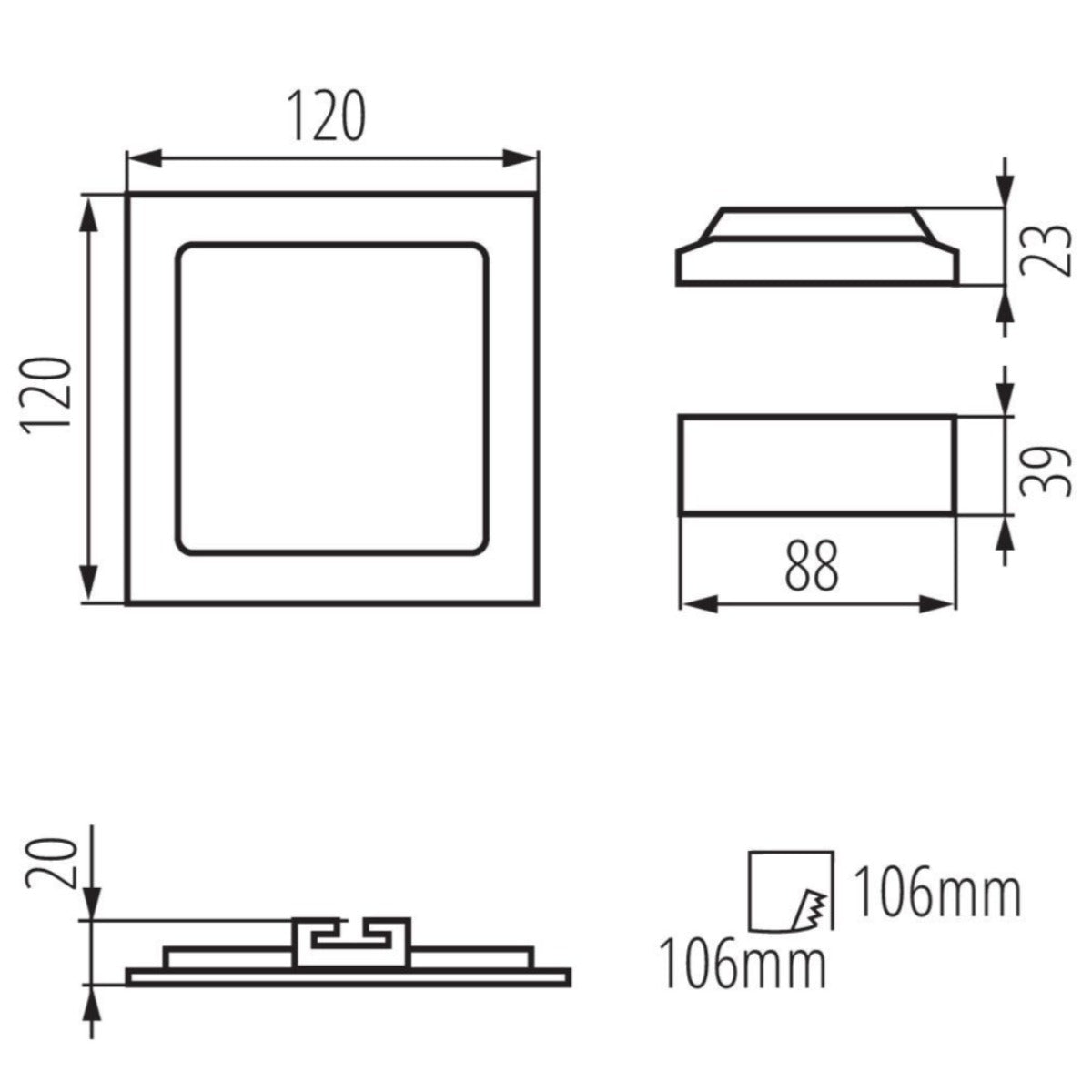 LED recessed ceiling light made of aluminum square 120mm x 120mm IP44 6W 230V 