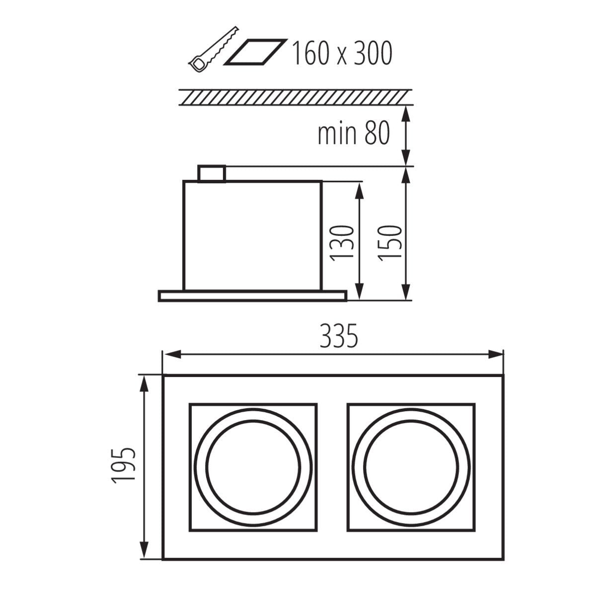 Spot encastrable en aluminium carré 335mm x 195mm IP20 GU10 ES-111 230V