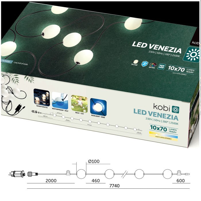 LED Lichterkette 7,74m – inkl. 10x10W Leuchtkugeln Warmweiß, wetterfest IP67