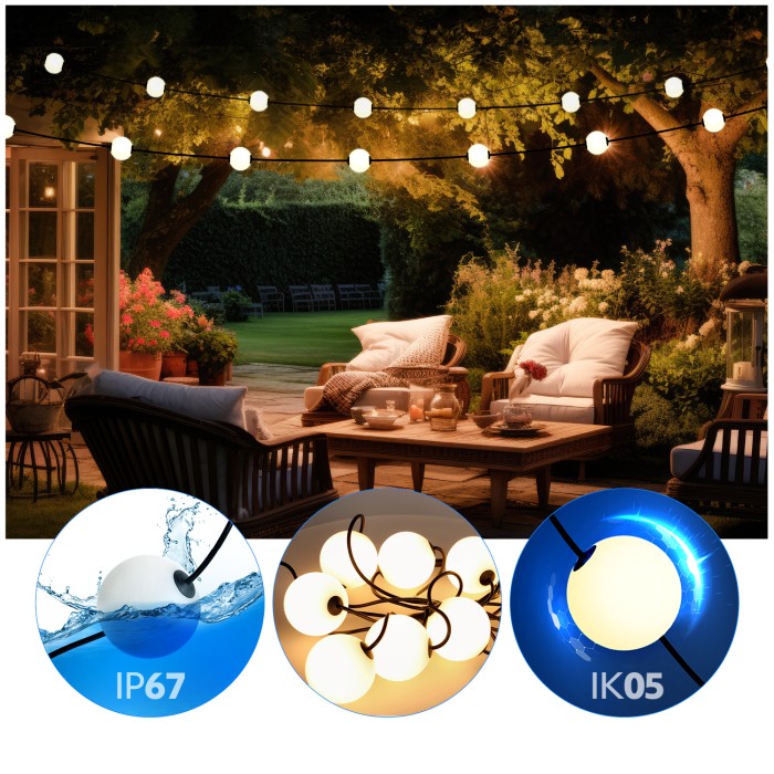 LED Lichterkette 7,74m – inkl. 10x10W Leuchtkugeln Warmweiß, wetterfest IP67