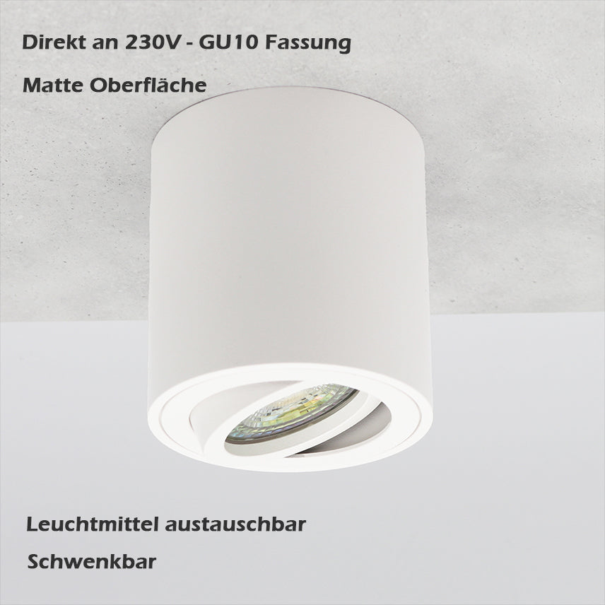 LED Aufbaustrahler Milano | Rund | Aluminium | Weiß-Matt | 6W | Warmweiß | Dimmbar | IP20 | GU10 | 230V