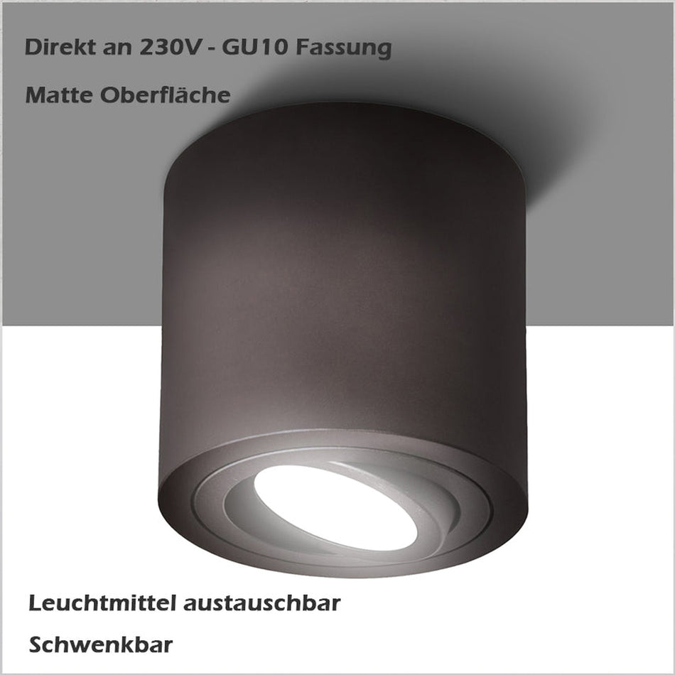 LED Aufbaustrahler MILANO | aus Aluminium | Rund Schwarz-Matt | inkl. Dimmbar 6W Warmweiß | IP20 | GU10 | 230V
