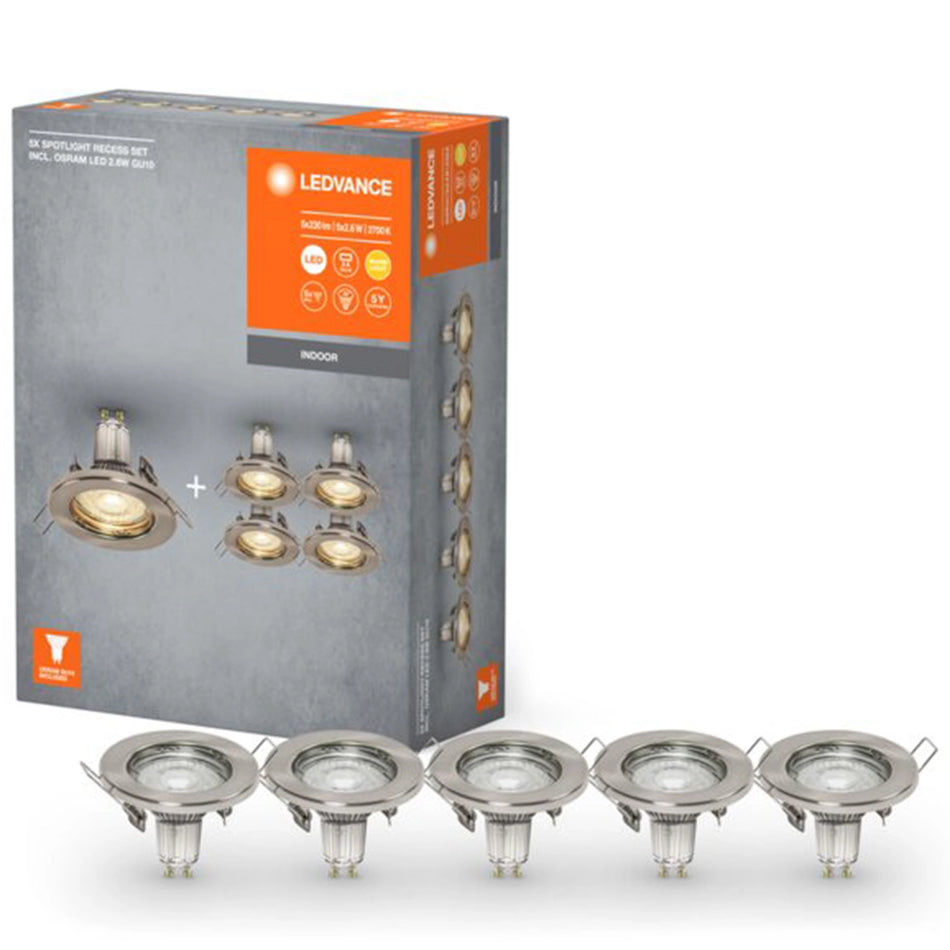 5er Set LED Einbaustrahler GU10 2700K 230lm – LEDVANCE rund | Nickel