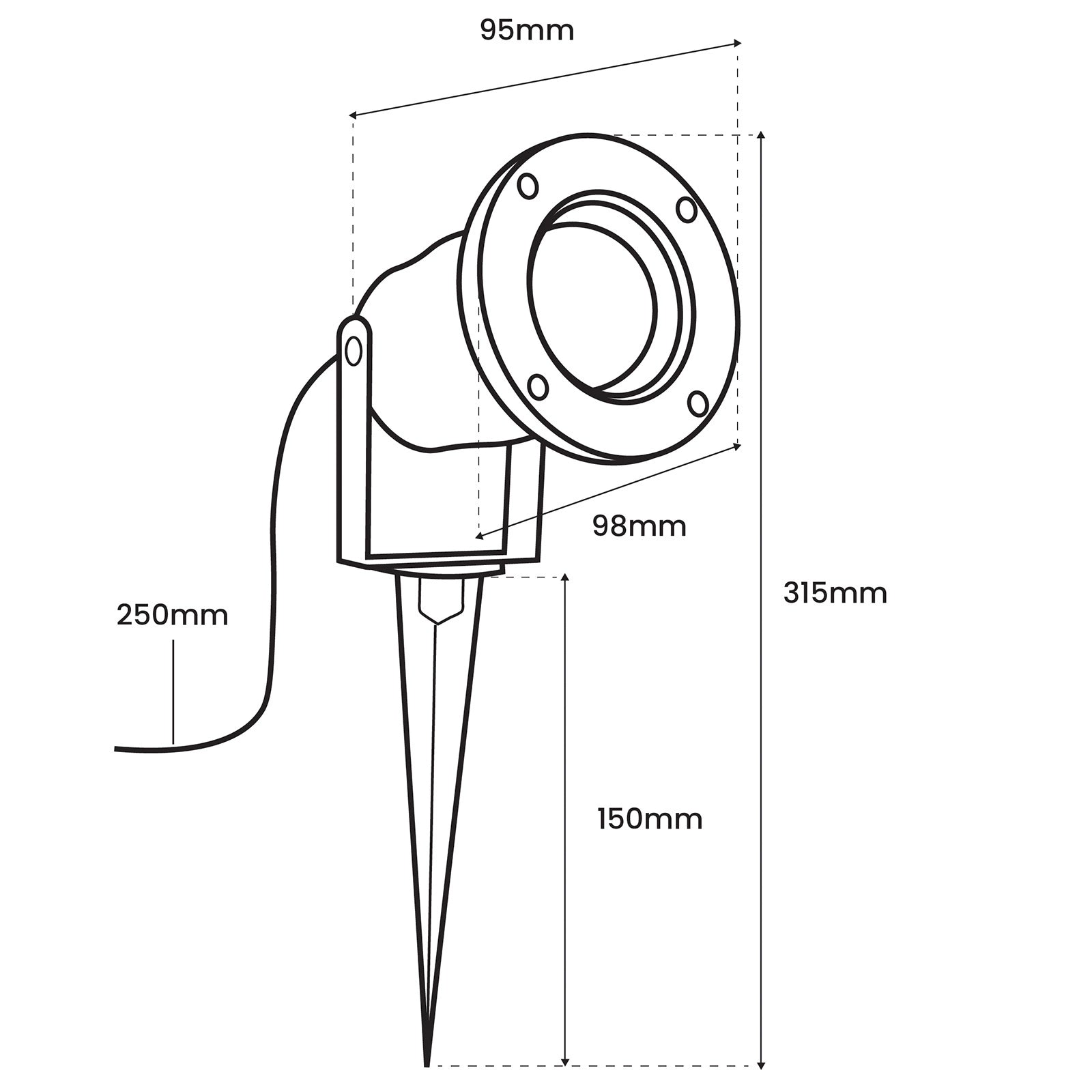 Gartenleuchte HORTI – LED GU10, IP65 Wasserdicht, Schwarz, mit 25 cm Kabel, mit Erdspieß