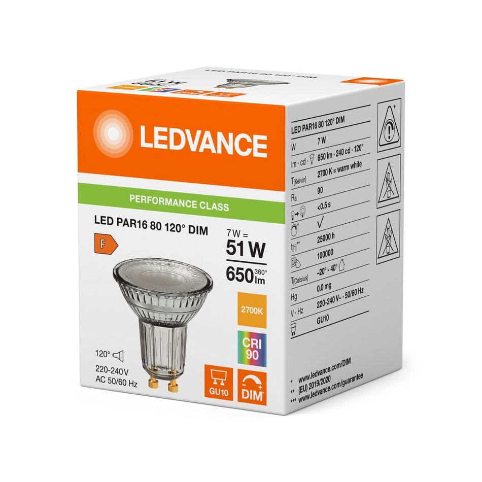 Ledvance LED Leuchtmittel GU10 Dimmbar 7W=51W 650lm 2700K 120° CRi90 Prevormance Glas