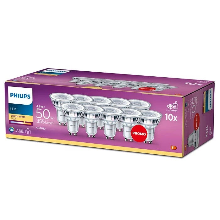 10er Set LED Leuchtmittel 4.6W Philips 2700k Warmweiß 36° GU10