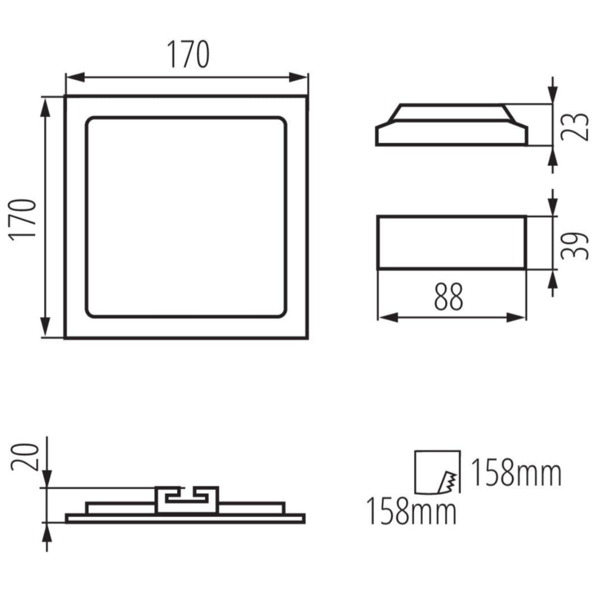 LED recessed ceiling light made of aluminum square 170mm x 170mm IP44 12W 230V 